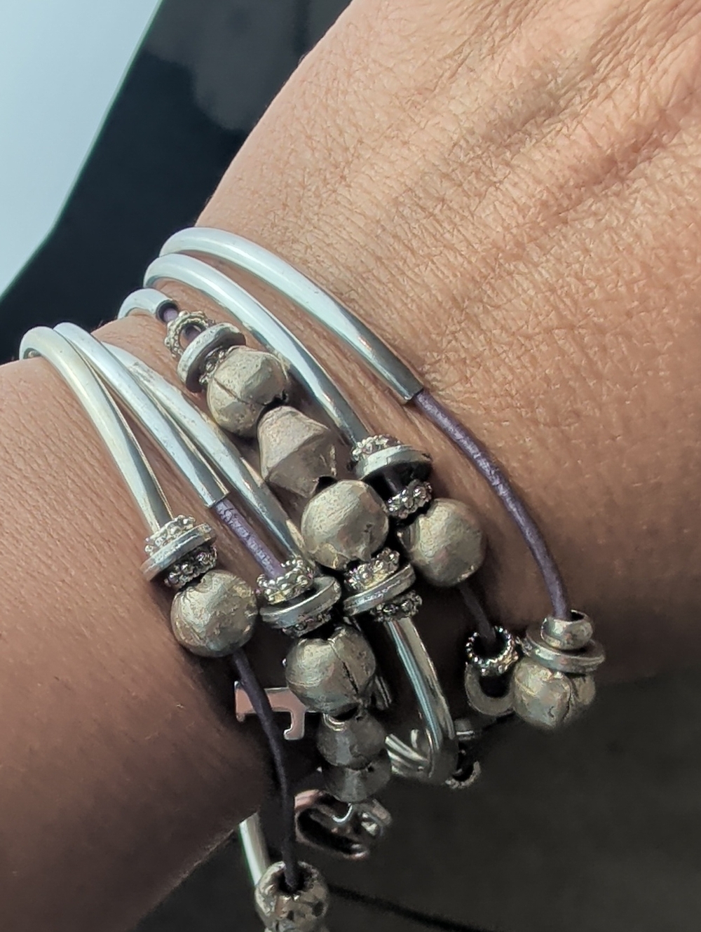 Lizzy James Leather Wrap Bracelet Necklace Convertible Silver & Gold Plated Sz L